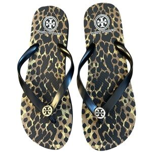 Tory Burch Black Tan Leopard Print Thong Flip Flops Cheetah Gold-tone Logo